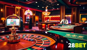 Experience excitement at the 28BET casino with a vibrant roulette table and elegant gaming atmosphere.