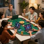 Friends enjoying an engaging online casino night with laptops, apps, and snacks in cozy atmosphere, focusing on responsible gaming with FC88.