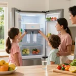 Family exploring the Waterdrop UKF8001 Refrigerator Water Filter 4 in a modern kitchen, emphasizing health and freshness.