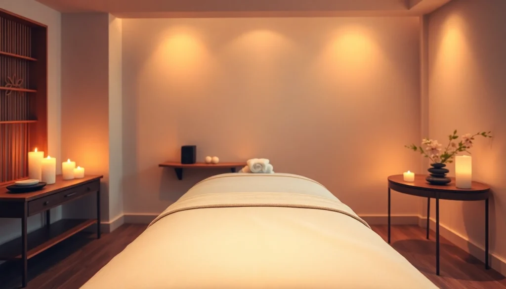 고급스러운 린넨과 편안한 장식으로 꾸며진 편안한 마사지 요법실 설정.