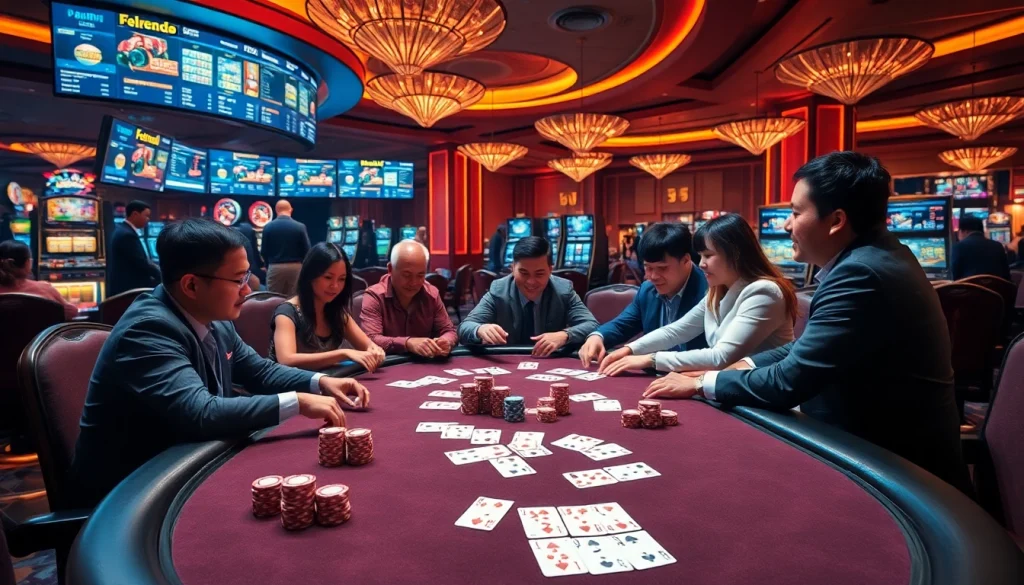Players engaging in an exciting game of IDN poker at a luxurious casino table with chips and cards.