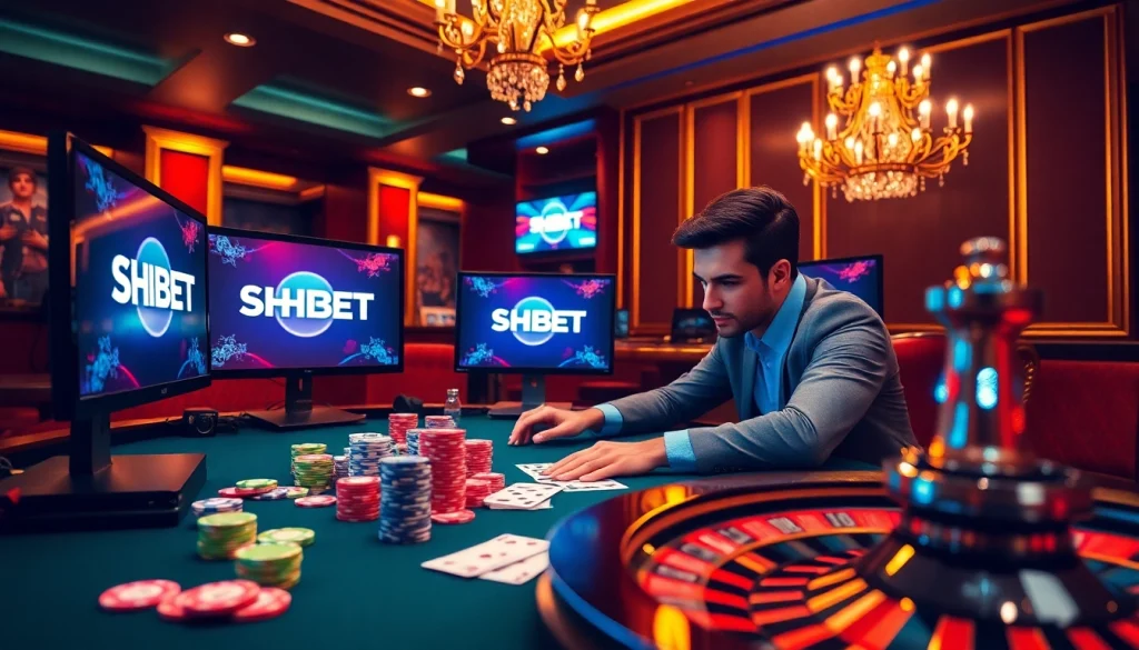 SHBET gaming scene with vibrant poker table, exciting roulette wheel, and colorful chips.