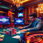 SHBET gaming scene with vibrant poker table, exciting roulette wheel, and colorful chips.