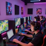 Exciting gaming atmosphere at ligasedayu.com with diverse gamers engaged in multiplayer matches.