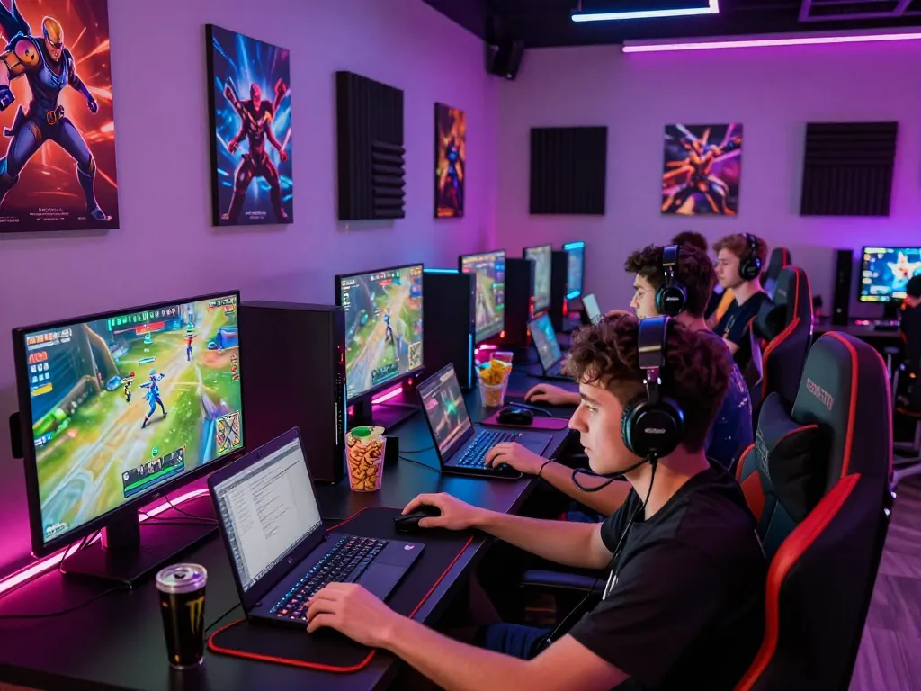 Exciting gaming atmosphere at ligasedayu.com with diverse gamers engaged in multiplayer matches.