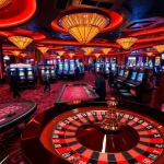 Sky88 casino scene with players at luxury gaming tables and vibrant slot machines.
