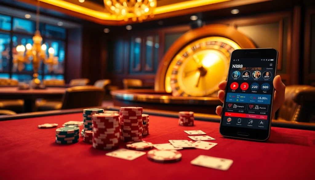 Players engaging with NK88's online casino interface, featuring vibrant poker chips and cards.
