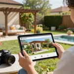 Engaging with a 3D pergola configurator in a beautiful garden.