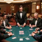 SHBET's high-stakes poker game in a luxurious casino VIP room, capturing intense gameplay and excitement.