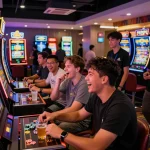 Group enjoying gaming at MANTRA88 with vibrant slots and lively atmosphere