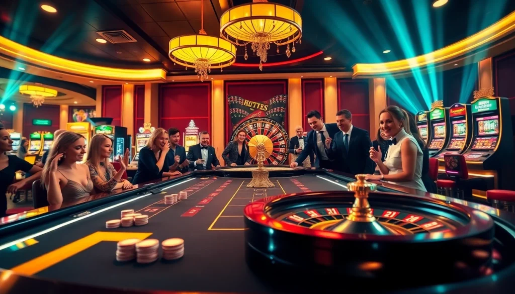 Scène de casino excitante avec des tables de jeu modernes et une roue de roulette vibrante, illustrant l'ambiance du meilleur casino en ligne.