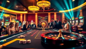 Scène de casino excitante avec des tables de jeu modernes et une roue de roulette vibrante, illustrant l'ambiance du meilleur casino en ligne.