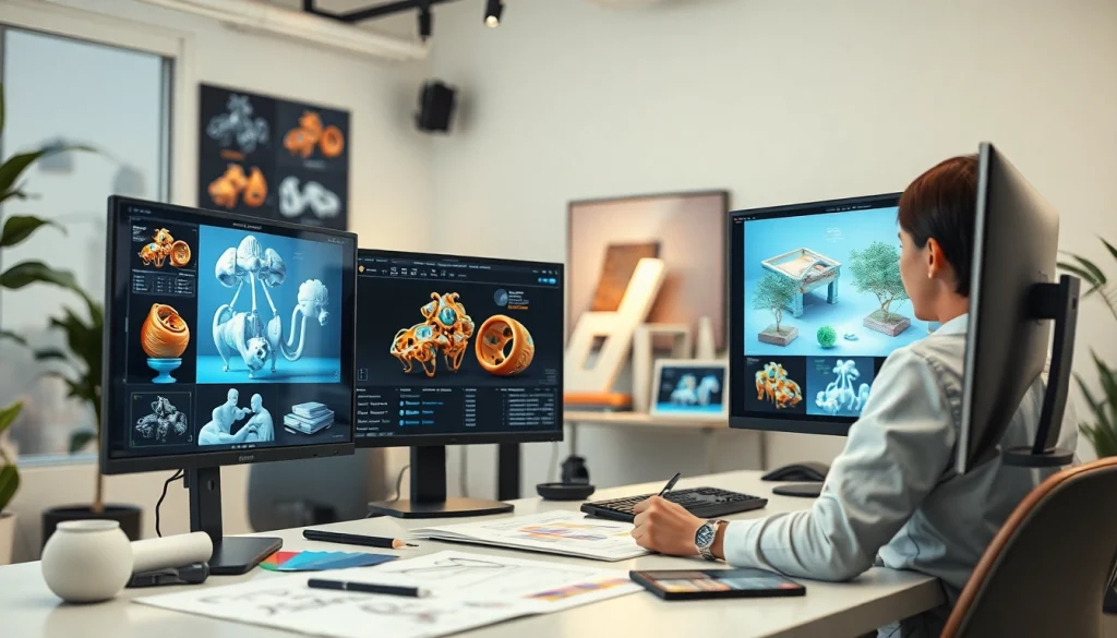 3D Visualisierung erstellen in einem kreativen Studio mit lebendigen 3D-Modellen und Designwerkzeugen.