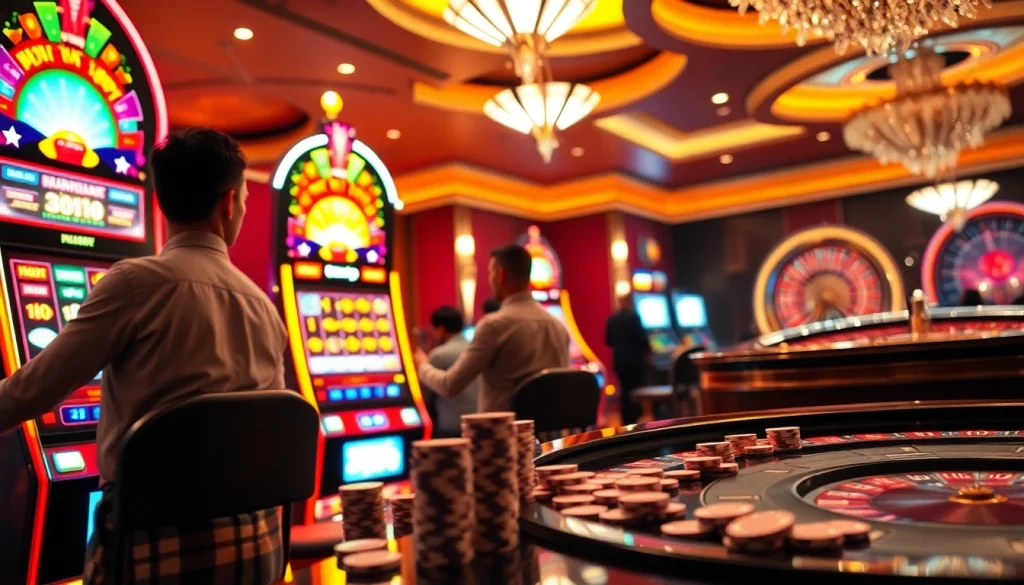 Para pemain berinteraksi dengan mesin slot berwarna-warni di kasino yang ramai, menampilkan Situs Gacor dan kegembiraan.