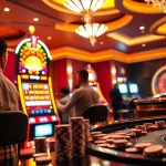 Para pemain berinteraksi dengan mesin slot berwarna-warni di kasino yang ramai, menampilkan Situs Gacor dan kegembiraan.