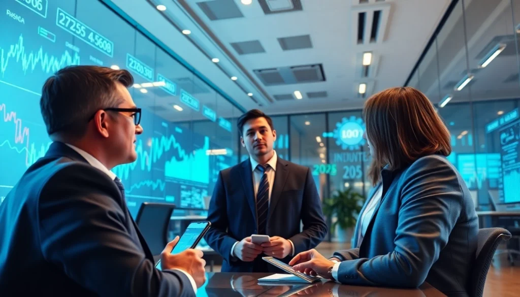 Crypto 2026: A modern office showcasing cryptocurrency discussions with advanced tech and professionals.