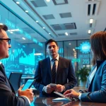 Crypto 2026: A modern office showcasing cryptocurrency discussions with advanced tech and professionals.