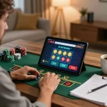 Player engaging with qqalfa live dealer blackjack on tablet in cozy home office.