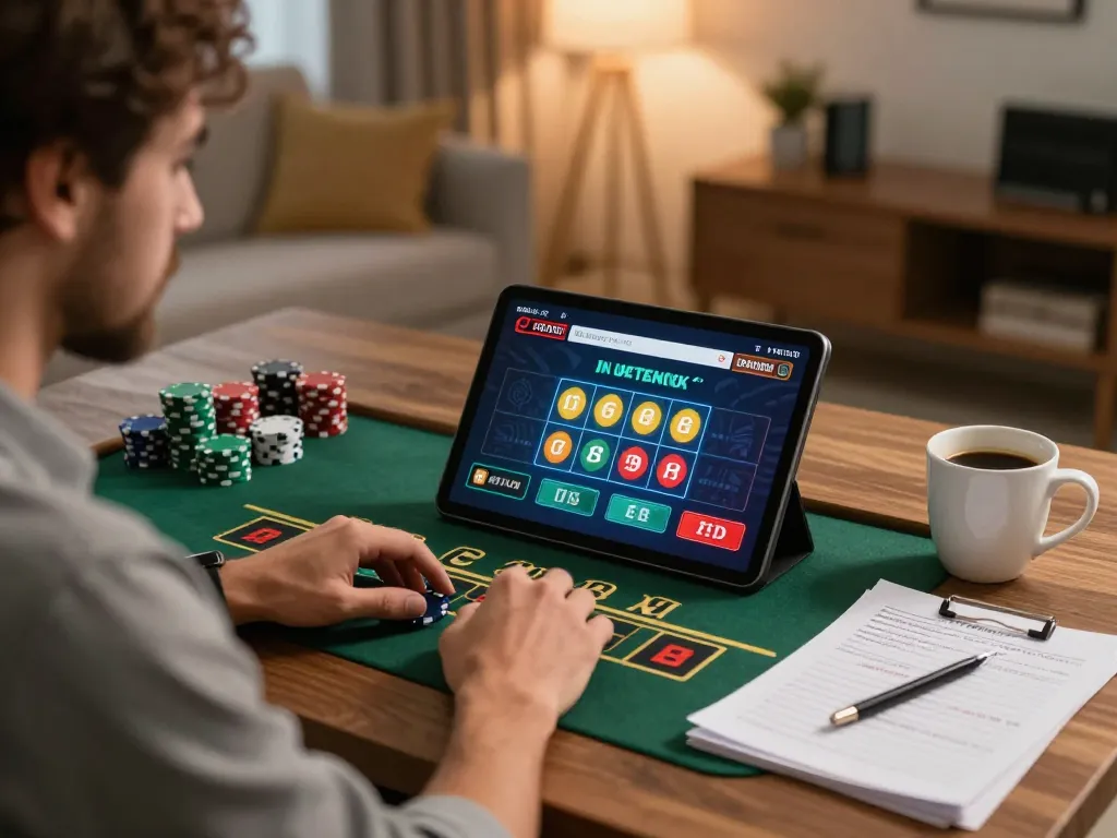 Player engaging with qqalfa live dealer blackjack on tablet in cozy home office.