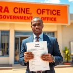 KRA PIN Registration for Foreigners: Individual holding documents outside a Kenyan government office.