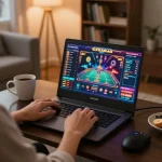 Player engaging with SC88 online gaming interface on laptop, surrounded by a cozy setup and snacks.