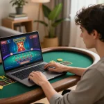 Engaging in online baccarat at uu88.com with live dealer interface in cozy home setting.