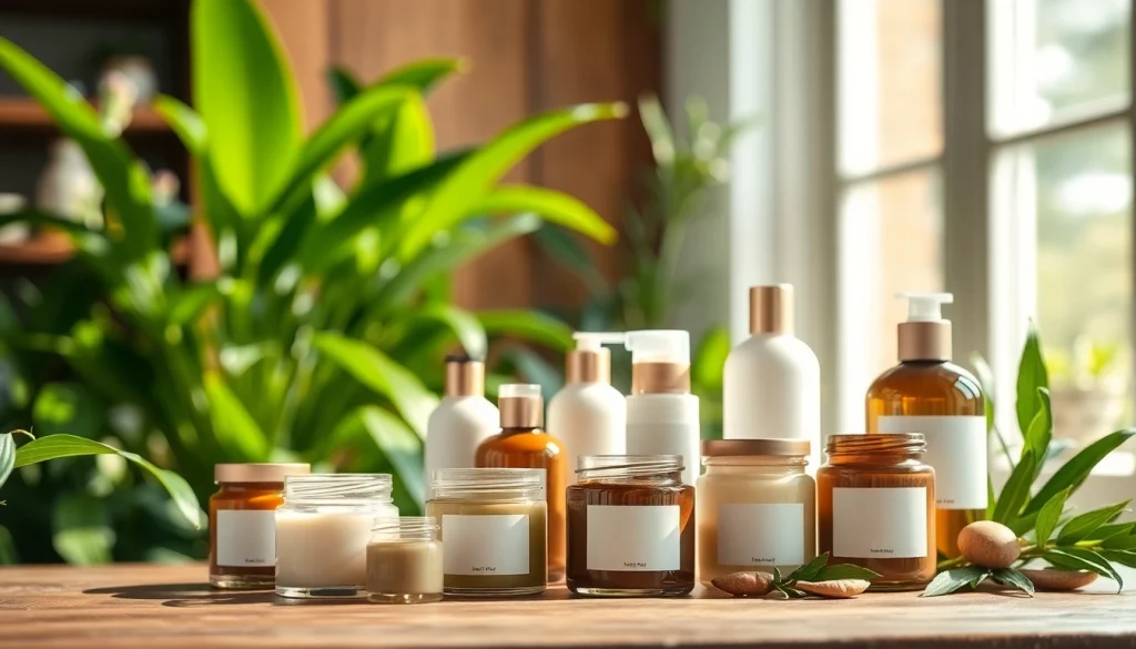 Prirodna kozmetika u staklenim bocama i kremama, fokus na ekološki prirodne proizvode.