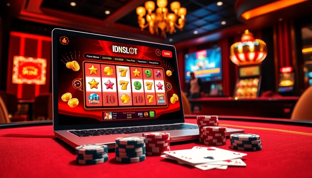Engage in thrilling gameplay with idnslot showcasing vibrant casino elements like slot machines and poker chips.