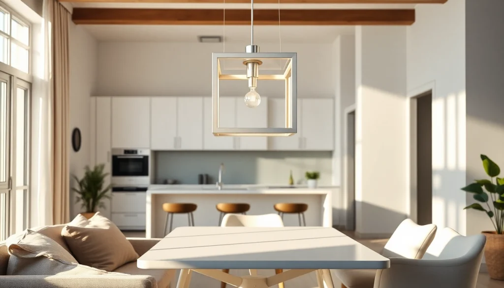 Enhance your space with a stylish square light fixture illuminating a modern dining area.