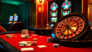 Scène excitante du meilleur casino en ligne avec des jetons de poker, des cartes et une roulette.
