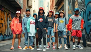 Vibrant urban street scene featuring diverse young adults in streetwear clothing brands.