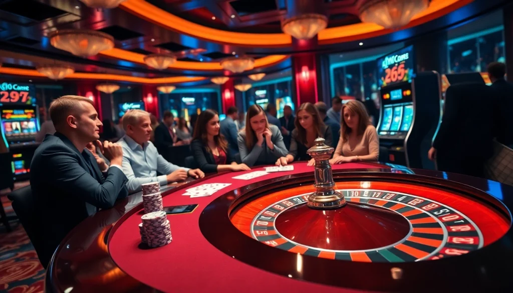 Players enjoy thrilling games at DW8 casino, featuring a glamorous poker table setup and vibrant slot machines.