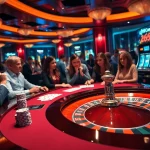 Players enjoy thrilling games at DW8 casino, featuring a glamorous poker table setup and vibrant slot machines.