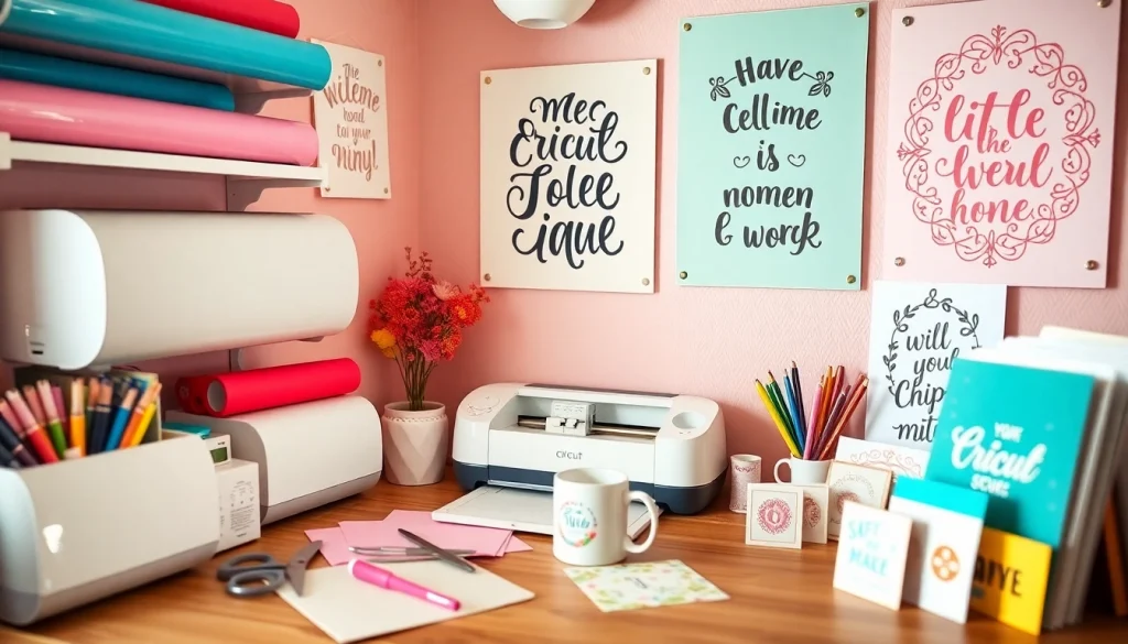 Cricut SVG projects and tools displayed in a vibrant crafting corner.