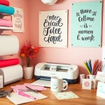 Cricut SVG projects and tools displayed in a vibrant crafting corner.