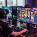 EE88 gaming experience featuring a player immersed in vibrant online games with high-definition visuals and modern accessories.