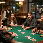Exciting poker night at POKERSERI with friends enjoying delicious food and vibrant games.