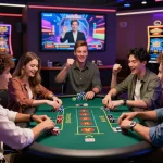 Exciting tk88 online casino game scene with diverse players enjoying baccarat at a vibrant table.