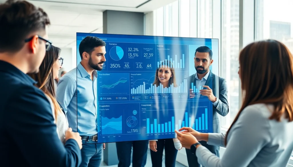 Showcasing a team discussing enterprise search solutions through an interactive digital dashboard in a modern office.
