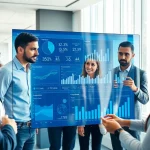 Showcasing a team discussing enterprise search solutions through an interactive digital dashboard in a modern office.