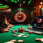 Engaged players at Thabet College poker table, showcasing excitement in casino atmosphere.