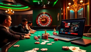 Engaged players at Thabet College poker table, showcasing excitement in casino atmosphere.