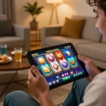 Engaged player enjoying slot dep sit pulsa game on mobile device at home.