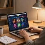 person engaging with W88 casino on laptop at home desk