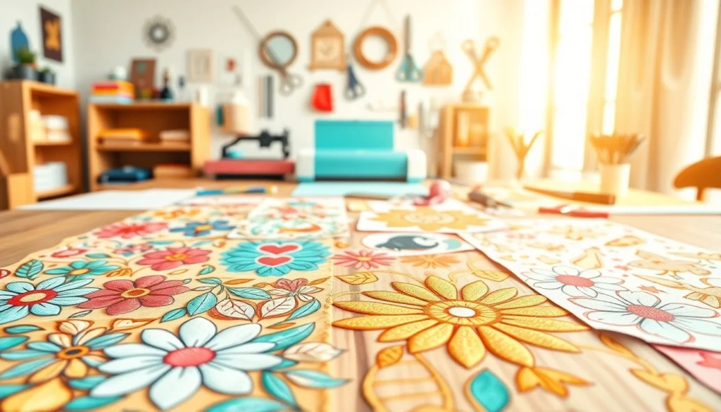 Showcase of vibrant free svg designs crafted for DIY projects on a wooden table.