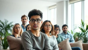 An illustration depicting various anxiety symptoms expressed by individuals in a calming office environment.