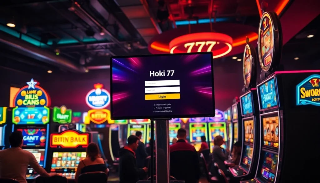 Masuk ke hoki 77 login dengan antarmuka kasino profesional yang mengelilingi mesin slot berwarna-warni.