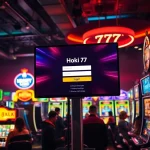 Masuk ke hoki 77 login dengan antarmuka kasino profesional yang mengelilingi mesin slot berwarna-warni.