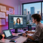AI image to prompt conversion in a creative tech workspace, featuring multiple devices and a designer at work.