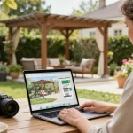 Conception d'une pergola personnalisée à l'aide du logiciel configurateur pergola dans un jardin vibrant.